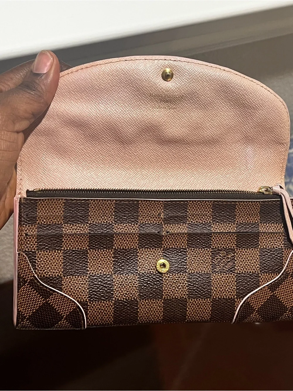 Louis Vuitton Damier Ebene Continental Wallet with Pink Trim Rose Ballerine